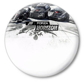 Значок с принтом Forza Horizon в Кировске,  металл | круглая форма, металлическая застежка в виде булавки | games | playground | авто | гонки | горизонт | машины | сила | фестиваль | форза | хоризон
