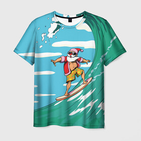 Мужская футболка 3D с принтом Cool Santa в Кировске, 100% полиэфир | прямой крой, круглый вырез горловины, длина до линии бедер | Тематика изображения на принте: cool | creative | design | holiday | merry christmas | new year | sea | summer | surfing | wave | волна | дизайн | канары | креатив | круто | лето | море | новый год | рождество | сёрфинг