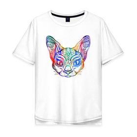 Мужская футболка хлопок Oversize с принтом Разноцветная мордашка кота в Кировске, 100% хлопок | свободный крой, круглый ворот, “спинка” длиннее передней части | большие уши | гипно кот | кот | котик | кошка | лицо | уши | ушной | цветная
