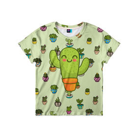Детская футболка 3D с принтом Веселый кактус в Кировске, 100% гипоаллергенный полиэфир | прямой крой, круглый вырез горловины, длина до линии бедер, чуть спущенное плечо, ткань немного тянется | веселый | веселье | горшочек | зеленое | кактус | позитив | радость | растение | счастье | улыбка | цветок