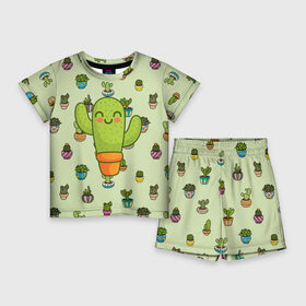 Детский костюм с шортами 3D с принтом Веселый кактус в Кировске,  |  | веселый | веселье | горшочек | зеленое | кактус | позитив | радость | растение | счастье | улыбка | цветок