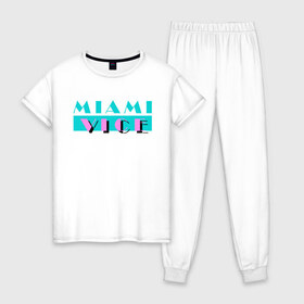 Женская пижама хлопок с принтом Miami Vice Series в Кировске, 100% хлопок | брюки и футболка прямого кроя, без карманов, на брюках мягкая резинка на поясе и по низу штанин | 80s | miamivice | retro | retrowave | synthwave