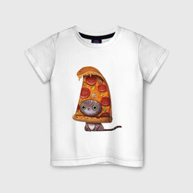 Детская футболка хлопок с принтом Котенок - пицца в Кировске, 100% хлопок | круглый вырез горловины, полуприлегающий силуэт, длина до линии бедер | арт | грибы | колбаса | котенок | кусок | пицца | рисунок | тесто