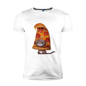 Мужская футболка премиум с принтом Котенок - пицца в Кировске, 92% хлопок, 8% лайкра | приталенный силуэт, круглый вырез ворота, длина до линии бедра, короткий рукав | арт | грибы | колбаса | котенок | кусок | пицца | рисунок | тесто