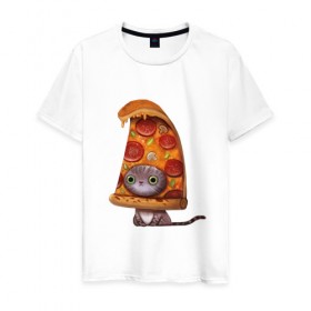 Мужская футболка хлопок с принтом Котенок - пицца в Кировске, 100% хлопок | прямой крой, круглый вырез горловины, длина до линии бедер, слегка спущенное плечо. | арт | грибы | колбаса | котенок | кусок | пицца | рисунок | тесто