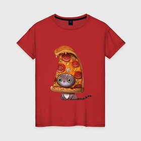 Женская футболка хлопок с принтом Котенок - пицца в Кировске, 100% хлопок | прямой крой, круглый вырез горловины, длина до линии бедер, слегка спущенное плечо | Тематика изображения на принте: арт | грибы | колбаса | котенок | кусок | пицца | рисунок | тесто