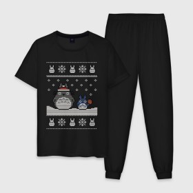 Мужская пижама хлопок с принтом New Year Totoro в Кировске, 100% хлопок | брюки и футболка прямого кроя, без карманов, на брюках мягкая резинка на поясе и по низу штанин
 | Тематика изображения на принте: 2019 | дед мороз | дом | елка | желание | животные | зима | кабан | милый | мороз | настроение | новый год | пеппа | подарок | позитив | поросенок | праздник | радость | рождество | санта клаус | свинка