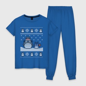 Женская пижама хлопок с принтом New Year Totoro в Кировске, 100% хлопок | брюки и футболка прямого кроя, без карманов, на брюках мягкая резинка на поясе и по низу штанин | 2019 | дед мороз | дом | елка | желание | животные | зима | кабан | милый | мороз | настроение | новый год | пеппа | подарок | позитив | поросенок | праздник | радость | рождество | санта клаус | свинка