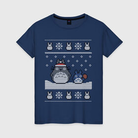 Женская футболка хлопок с принтом New Year Totoro в Кировске, 100% хлопок | прямой крой, круглый вырез горловины, длина до линии бедер, слегка спущенное плечо | Тематика изображения на принте: 2019 | дед мороз | дом | елка | желание | животные | зима | кабан | милый | мороз | настроение | новый год | пеппа | подарок | позитив | поросенок | праздник | радость | рождество | санта клаус | свинка