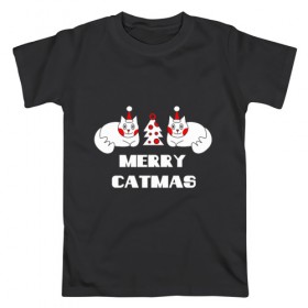 Мужская футболка хлопок с принтом Merry Catmas в Кировске, 100% хлопок | прямой крой, круглый вырез горловины, длина до линии бедер, слегка спущенное плечо. | 