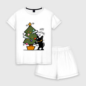 Женская пижама с шортиками хлопок с принтом Merry Christmas в Кировске, 100% хлопок | футболка прямого кроя, шорты свободные с широкой мягкой резинкой | 2019 | дед мороз | дом | елка | желание | животные | зима | кабан | милый | мороз | настроение | новый год | пеппа | подарок | позитив | поросенок | праздник | радость | рождество | санта клаус | свинка