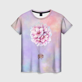Женская футболка 3D с принтом Нежный Воздушный Шар в Кировске, 100% полиэфир ( синтетическое хлопкоподобное полотно) | прямой крой, круглый вырез горловины, длина до линии бедер | акварель | гортензия | картина | краски | милый | пастель | розы | цветок | цветы