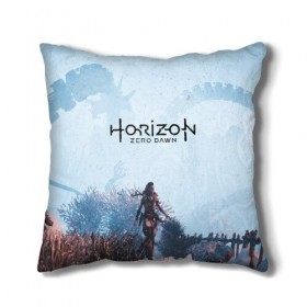 Подушка 3D с принтом Horizon Zero Dawn в Кировске, наволочка – 100% полиэстер, наполнитель – холлофайбер (легкий наполнитель, не вызывает аллергию). | состоит из подушки и наволочки. Наволочка на молнии, легко снимается для стирки | Тематика изображения на принте: aloy | game | horizon zero dawn | hunter | machine | mecha | robot | snow | spear | the frozen wilds | weapon | игры | постапокалипсис | роботы | фентези | элой