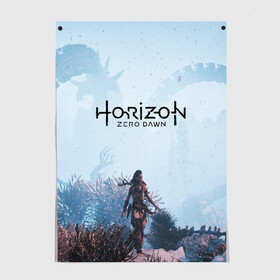 Постер с принтом Horizon Zero Dawn в Кировске, 100% бумага
 | бумага, плотность 150 мг. Матовая, но за счет высокого коэффициента гладкости имеет небольшой блеск и дает на свету блики, но в отличии от глянцевой бумаги не покрыта лаком | aloy | game | horizon zero dawn | hunter | machine | mecha | robot | snow | spear | the frozen wilds | weapon | игры | постапокалипсис | роботы | фентези | элой