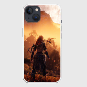 Чехол для iPhone 13 с принтом HORIZON ZERO DAWN в Кировске,  |  | aloy | game | horizon zero dawn | hunter | machine | mecha | robot | snow | spear | the frozen wilds | weapon | игры | постапокалипсис | роботы | фентези | элой