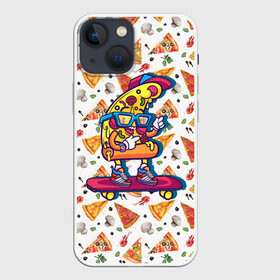 Чехол для iPhone 13 mini с принтом Пицца на скейте в Кировске,  |  | pizza | грибы | еда | зелень | колбаса | крутаяпицца | кусокпиццы | пицца | пиццерия | скейт | сыр