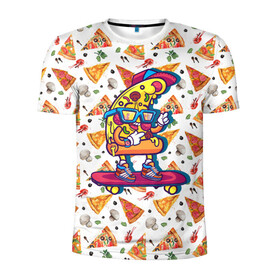 Мужская футболка 3D спортивная с принтом Пицца на скейте в Кировске, 100% полиэстер с улучшенными характеристиками | приталенный силуэт, круглая горловина, широкие плечи, сужается к линии бедра | Тематика изображения на принте: pizza | грибы | еда | зелень | колбаса | крутаяпицца | кусокпиццы | пицца | пиццерия | скейт | сыр