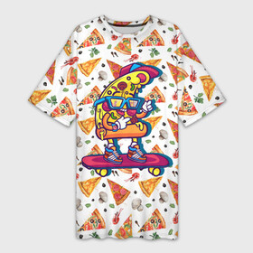Платье-футболка 3D с принтом Пицца на скейте в Кировске,  |  | pizza | грибы | еда | зелень | колбаса | крутаяпицца | кусокпиццы | пицца | пиццерия | скейт | сыр