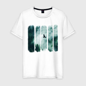 Мужская футболка хлопок с принтом Орёл над хвойным лесом в Кировске, 100% хлопок | прямой крой, круглый вырез горловины, длина до линии бедер, слегка спущенное плечо. | лес | орел | природа | туман | хвойный лес