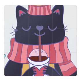 Магнитный плакат 3Х3 с принтом Зима - это кофе в Кировске, Полимерный материал с магнитным слоем | 9 деталей размером 9*9 см | cat | coffee | kitty | зима | зимний | кот | котенок | котик | котики | котэ | кофе | кофейный | кошка | кружка | сердечко | сердце | теплый | шапочка