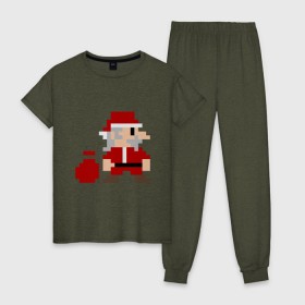 Женская пижама хлопок с принтом Pixel Santa в Кировске, 100% хлопок | брюки и футболка прямого кроя, без карманов, на брюках мягкая резинка на поясе и по низу штанин | 8 bit | 8 бит | 8bit | geek | oldschool | pixel | santa | santa claus | дед мороз | игра | олдскул | пиксель | пиксельный | санта | санта клаус