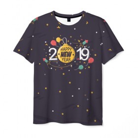 Мужская футболка 3D с принтом Happy new year 2019 в Кировске, 100% полиэфир | прямой крой, круглый вырез горловины, длина до линии бедер | 