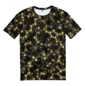 Мужская футболка 3D с принтом Новогодняя гирлянда в Кировске, 100% полиэфир | прямой крой, круглый вырез горловины, длина до линии бедер | желтый | лампочки | новый год | огни | огоньки | провода | свет | черный | электрогирлянда