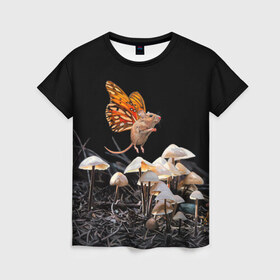 Женская футболка 3D с принтом Hover в Кировске, 100% полиэфир ( синтетическое хлопкоподобное полотно) | прямой крой, круглый вырез горловины, длина до линии бедер | Тематика изображения на принте: chipmunk | lisa ericson | бабочка | грибы | мышка | мышь