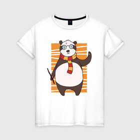 Женская футболка хлопок с принтом Панда Поттер в Кировске, 100% хлопок | прямой крой, круглый вырез горловины, длина до линии бедер, слегка спущенное плечо | волшебник | панда | панды | поттер