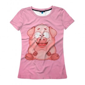 Женская футболка 3D с принтом Милая веселая свинка в Кировске, 100% полиэфир ( синтетическое хлопкоподобное полотно) | прямой крой, круглый вырез горловины, длина до линии бедер | 