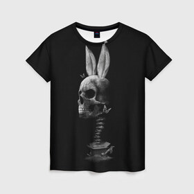 Женская футболка 3D с принтом Зая в Кировске, 100% полиэфир ( синтетическое хлопкоподобное полотно) | прямой крой, круглый вырез горловины, длина до линии бедер | бабочки | животные | зая | заяц | кости | кролик | череп | черно белый | черное и белое