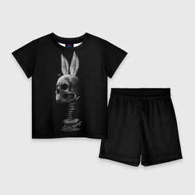 Детский костюм с шортами 3D с принтом Зая в Кировске,  |  | бабочки | животные | зая | заяц | кости | кролик | череп | черно белый | черное и белое