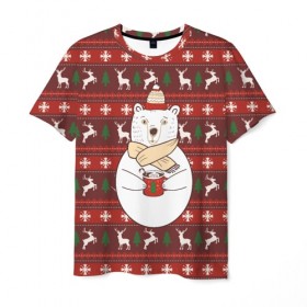 Мужская футболка 3D с принтом Новогодний мишка с кофе в Кировске, 100% полиэфир | прямой крой, круглый вырез горловины, длина до линии бедер | 2019 | белый | белыймедведь | вязанный | зефирки | зимний | кофе | медведь | мишка | новыйгод | олени | свитерсоленями | шарф