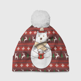 Шапка 3D c помпоном с принтом Новогодний мишка с кофе в Кировске, 100% полиэстер | универсальный размер, печать по всей поверхности изделия | 2019 | белый | белыймедведь | вязанный | зефирки | зимний | кофе | медведь | мишка | новыйгод | олени | свитерсоленями | шарф