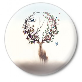 Значок с принтом Олень с ветвями вместо рог в Кировске,  металл | круглая форма, металлическая застежка в виде булавки | бабочка | волшебство | деревья | лес | листья | оленёнок | природа | птица | сказка | фрукты | цветы