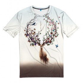 Мужская футболка 3D с принтом Олень с ветвями вместо рог в Кировске, 100% полиэфир | прямой крой, круглый вырез горловины, длина до линии бедер | бабочка | волшебство | деревья | лес | листья | оленёнок | природа | птица | сказка | фрукты | цветы
