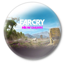 Значок с принтом FAR CRY NEW DAWN в Кировске,  металл | круглая форма, металлическая застежка в виде булавки | Тематика изображения на принте: action | far cry | far cry new dawn | game | gamer | montana | player | shooter | usa | врата эдема | знак | игра | культ | секта | символ | символика | шутер | эдем