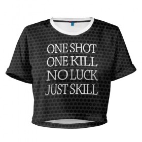 Женская футболка 3D укороченная с принтом One Shot One Kill в Кировске, 100% полиэстер | круглая горловина, длина футболки до линии талии, рукава с отворотами | counter strike. one shot | cs go | csgo | game | one kill | ван шот | лого | надпись | серый | текст