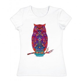 Женская футболка хлопок с принтом Магическая сова в Кировске, 100% хлопок | прямой крой, круглый вырез горловины, длина до линии бедер, слегка спущенное плечо | 