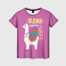 Женская футболка 3D с принтом Lama в Кировске, 100% полиэфир ( синтетическое хлопкоподобное полотно) | прямой крой, круглый вырез горловины, длина до линии бедер | glama | lama | анд | горы | дикое | домашнее | животное | индейци | лама | мех | шерсть