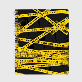 Тетрадь с принтом Улика - не трогать в Кировске, 100% бумага | 48 листов, плотность листов — 60 г/м2, плотность картонной обложки — 250 г/м2. Листы скреплены сбоку удобной пружинной спиралью. Уголки страниц и обложки скругленные. Цвет линий — светло-серый
 | art | black | dark | evidence | fashion | graffiti | paint | stripes | texture | underground | yellow | желтый | краска | лента | опечатано | преступление | улика | черный