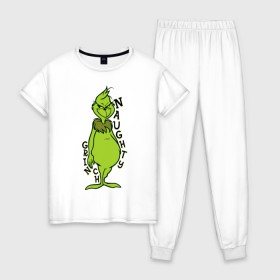 Женская пижама хлопок с принтом Naughty Grinch в Кировске, 100% хлопок | брюки и футболка прямого кроя, без карманов, на брюках мягкая резинка на поясе и по низу штанин | grinch | гринч | новый год | рождество