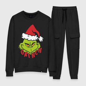 Женский костюм хлопок с принтом Cristmas Grinch в Кировске, 100% хлопок | на свитшоте круглая горловина, мягкая резинка по низу. Брюки заужены к низу, на них два вида карманов: два 