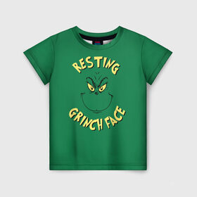 Детская футболка 3D с принтом Resting Grinch Face в Кировске, 100% гипоаллергенный полиэфир | прямой крой, круглый вырез горловины, длина до линии бедер, чуть спущенное плечо, ткань немного тянется | Тематика изображения на принте: grinch | гринч | новый год | рождество