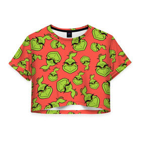 Женская футболка 3D укороченная с принтом Grinch в Кировске, 100% полиэстер | круглая горловина, длина футболки до линии талии, рукава с отворотами | grinch | гринч | новый год | рождество