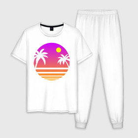 Мужская пижама хлопок с принтом Tequila Sunset в Кировске, 100% хлопок | брюки и футболка прямого кроя, без карманов, на брюках мягкая резинка на поясе и по низу штанин
 | Тематика изображения на принте: 80s | retro | retrowave | sunset | synthwave
