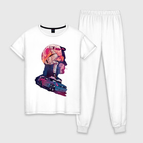 Женская пижама хлопок с принтом Drive Racing в Кировске, 100% хлопок | брюки и футболка прямого кроя, без карманов, на брюках мягкая резинка на поясе и по низу штанин | 80s | retro | retrowave | synthwave