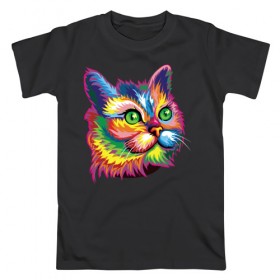 Мужская футболка хлопок с принтом Радужный кот в Кировске, 100% хлопок | прямой крой, круглый вырез горловины, длина до линии бедер, слегка спущенное плечо. | cat | cats | colourfully | rainbow | веселый кот | кот | котик | коша | радуга | радужная кошка | разноцветная