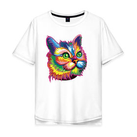 Мужская футболка хлопок Oversize с принтом Радужный кот в Кировске, 100% хлопок | свободный крой, круглый ворот, “спинка” длиннее передней части | cat | cats | colourfully | rainbow | веселый кот | кот | котик | коша | радуга | радужная кошка | разноцветная