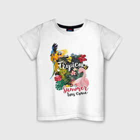 Детская футболка хлопок с принтом Тропики в Кировске, 100% хлопок | круглый вырез горловины, полуприлегающий силуэт, длина до линии бедер | попугай | растения | тропики | фламинго